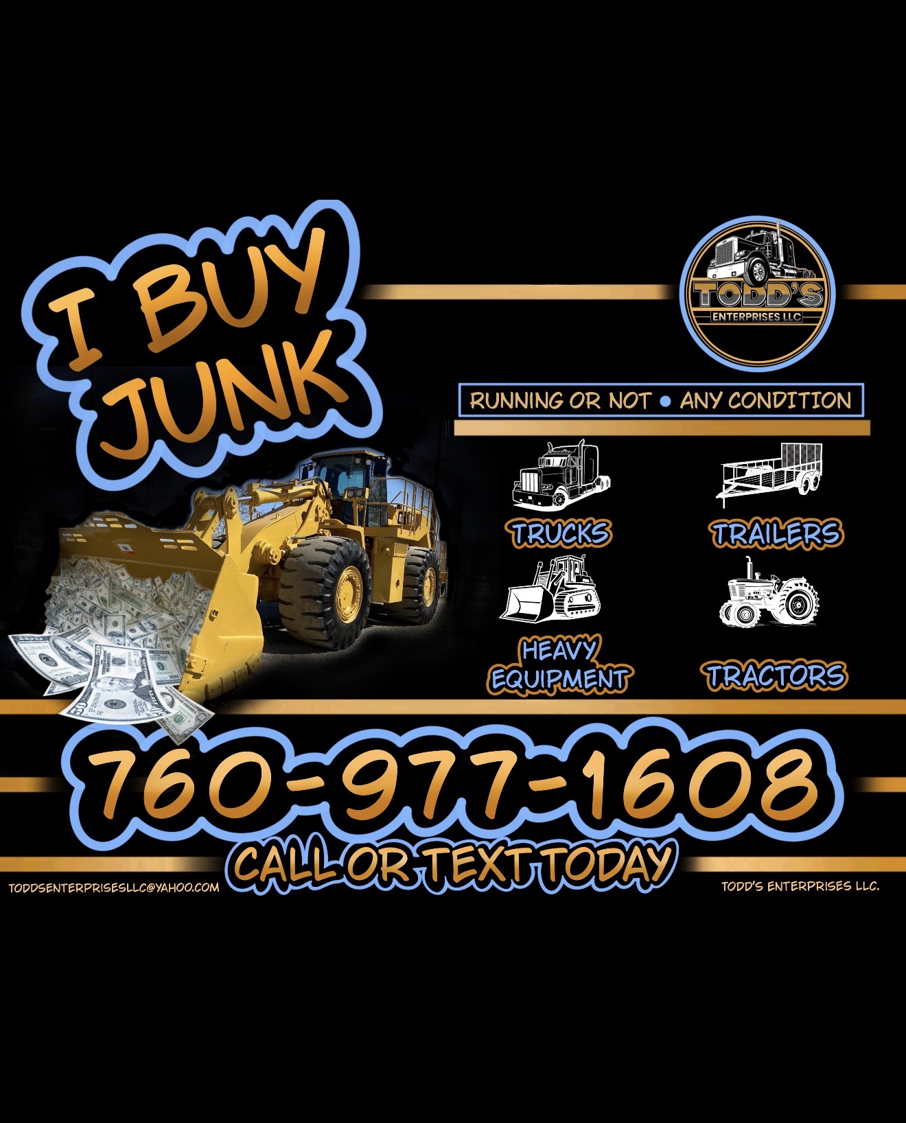 Todd’s Enterprises buys trucks, trailers, heavy equipment and tractors, running or not, in any condition. Call or text 760-977-1608.
